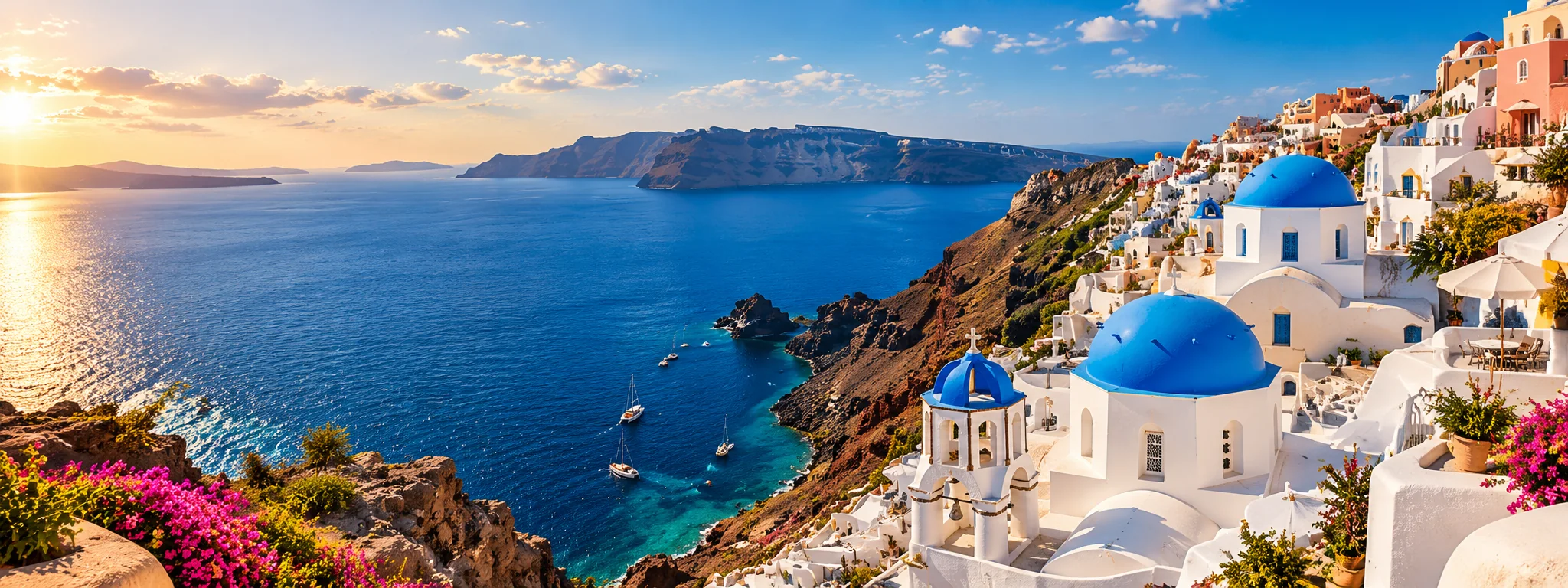 Białe domy Santorini i Morze Egejskie