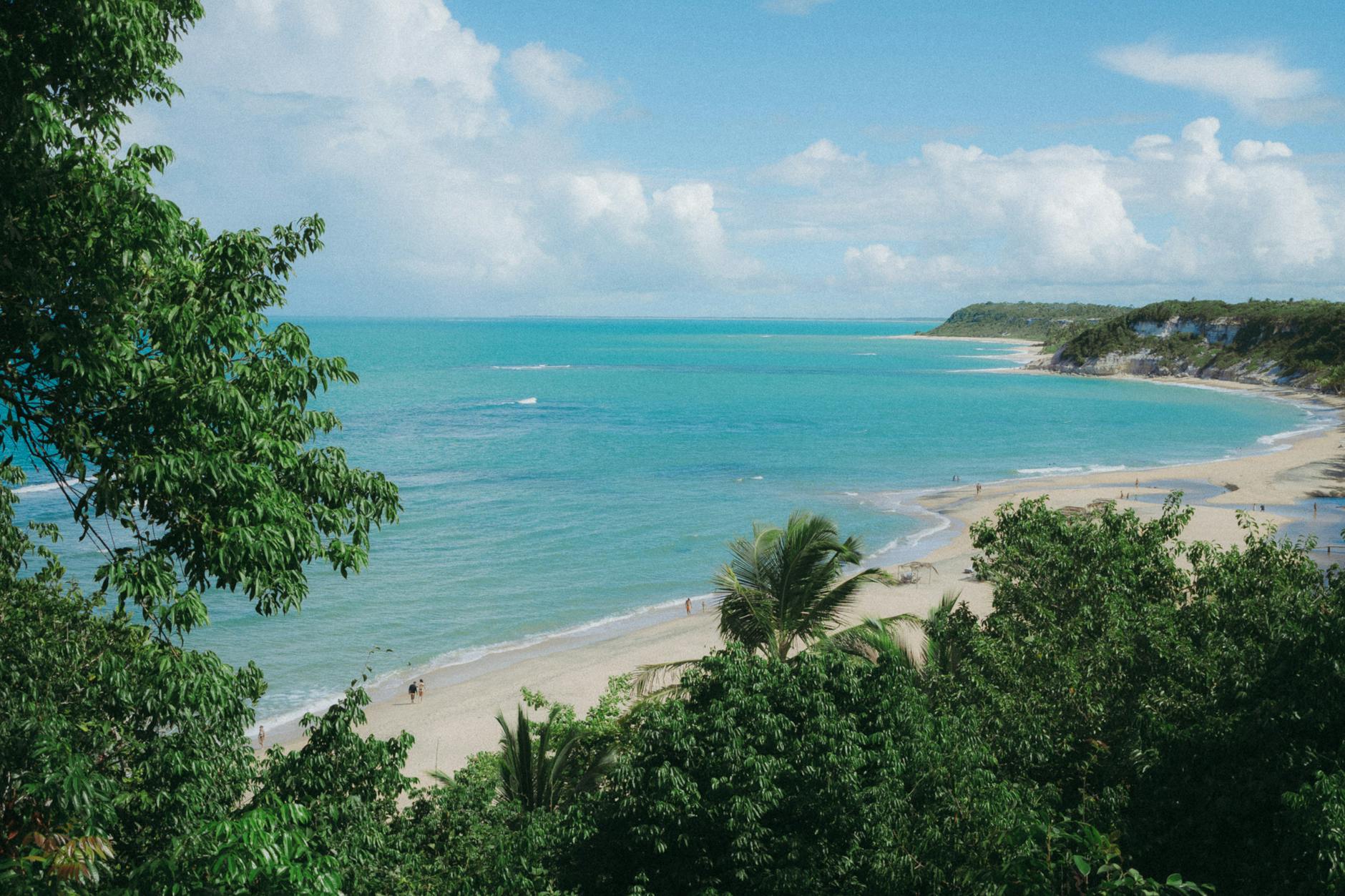 Tropikalna plaża w Brazylii z turkusową wodą i gęstą zielenią